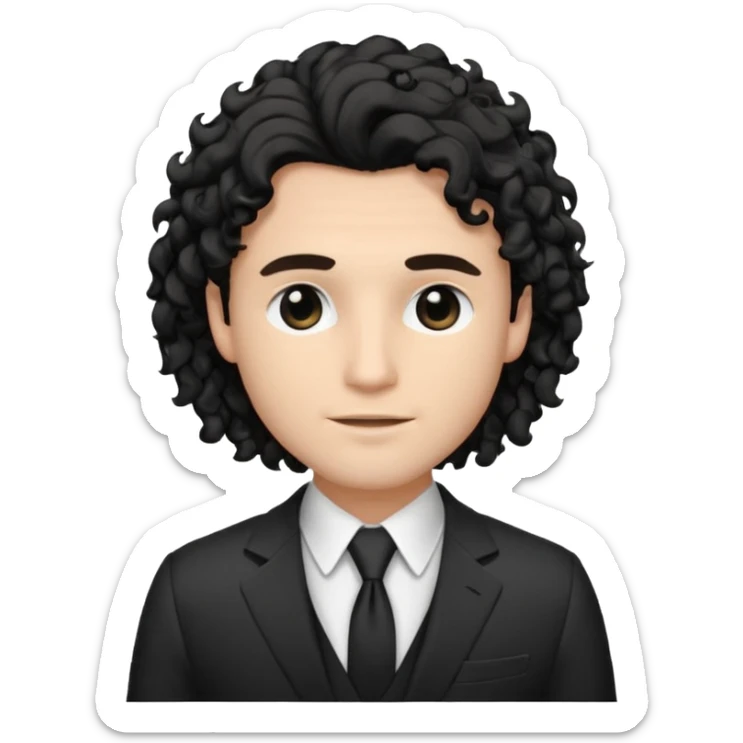 Cockasian guy with black long curly hair thats on his face and black eyes wearing a White simple suit guy  sticker