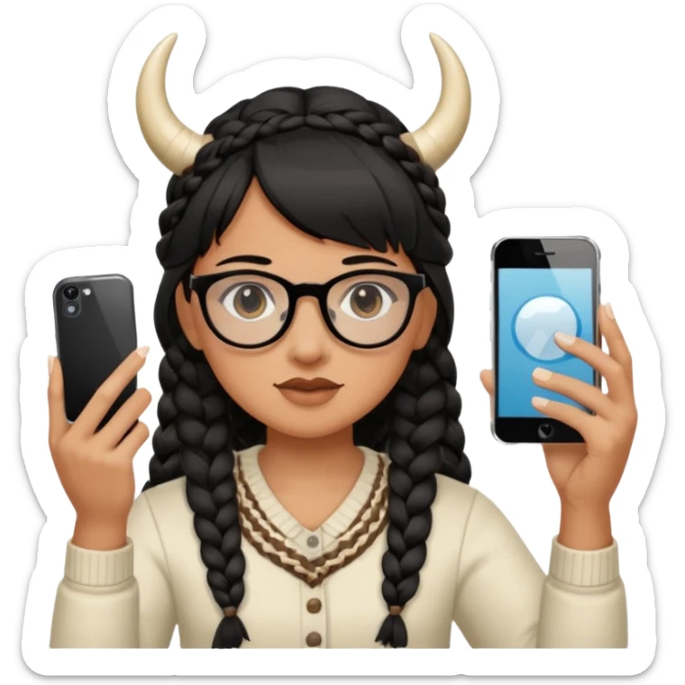 He has braid bangs on one side of his black hair, and he's wearing horn-rimmed glasses and taking a mirror selfie with his iPhone white color sticker