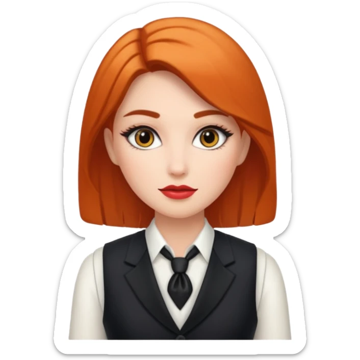 portrait of adult woman, formal vest, makeup sticker