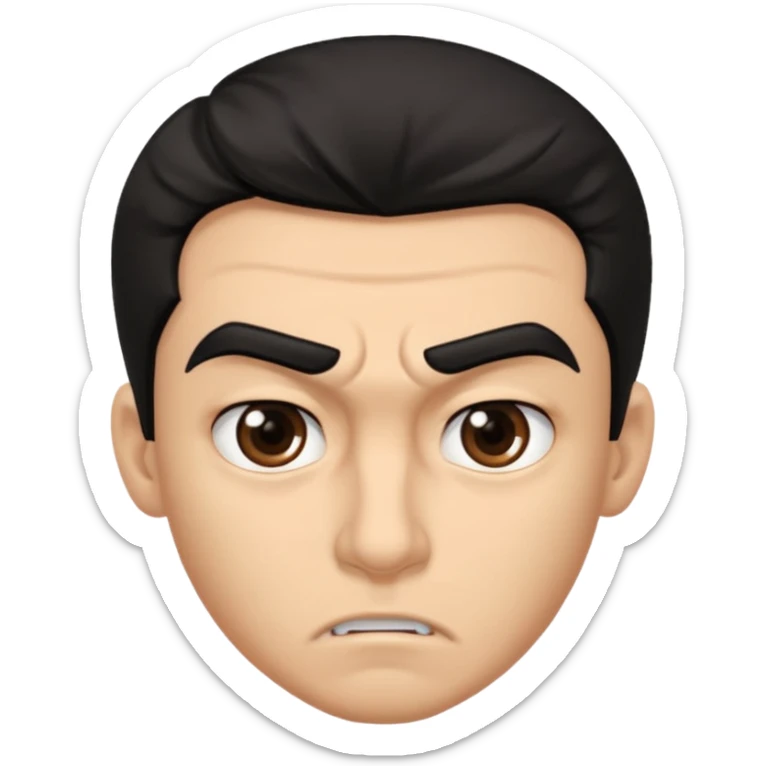 emoji de un joven, con cejas gruesas que parece enojado, nariz medio grande, hombros anchos, sin sonrisa, hombros anchos, cabello medio ondulado con un corte juvenil, cabello negro. ojos negros. sticker