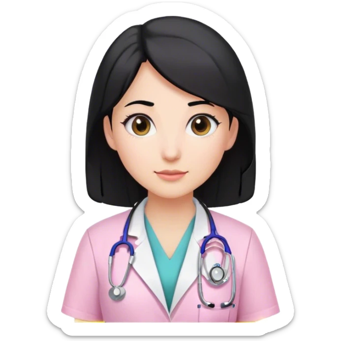 A female doctor with black hair wearing white lab coat over pink scrubs and stethoscope  sticker