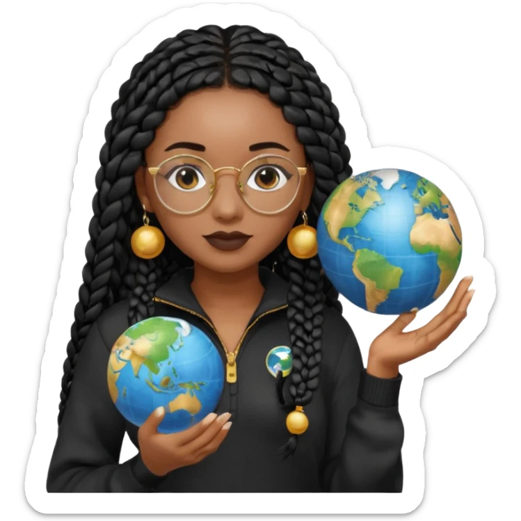 a young woman wearing fine gold round glasses and black hair in several box braids, no earrings, she has light black skin, and she's wearing a white shirt with a black quarterzip sweater. She's holding a globe in one hand sticker