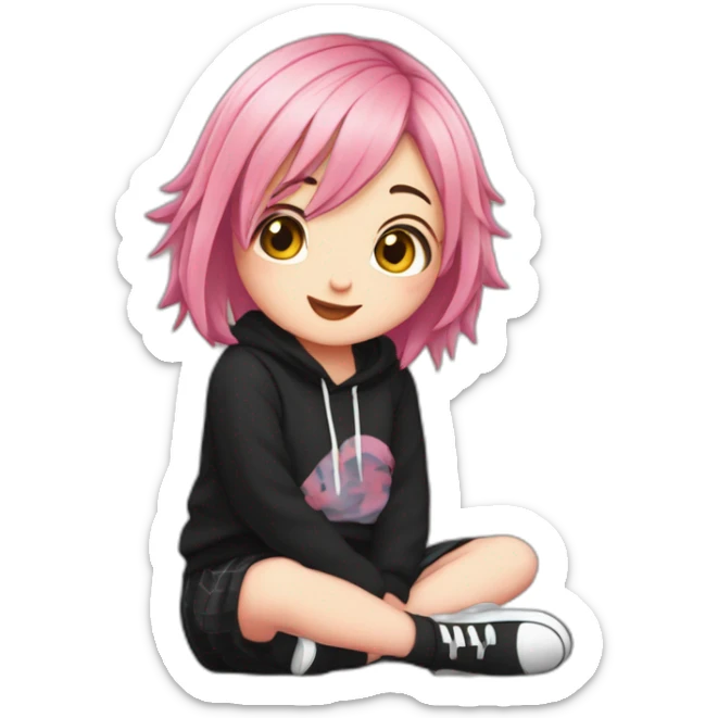 Full body Front view curvy emo girl pink hair sits on the floor straight view hands up black skirt белые трусики рваные полосатые чулки sticker