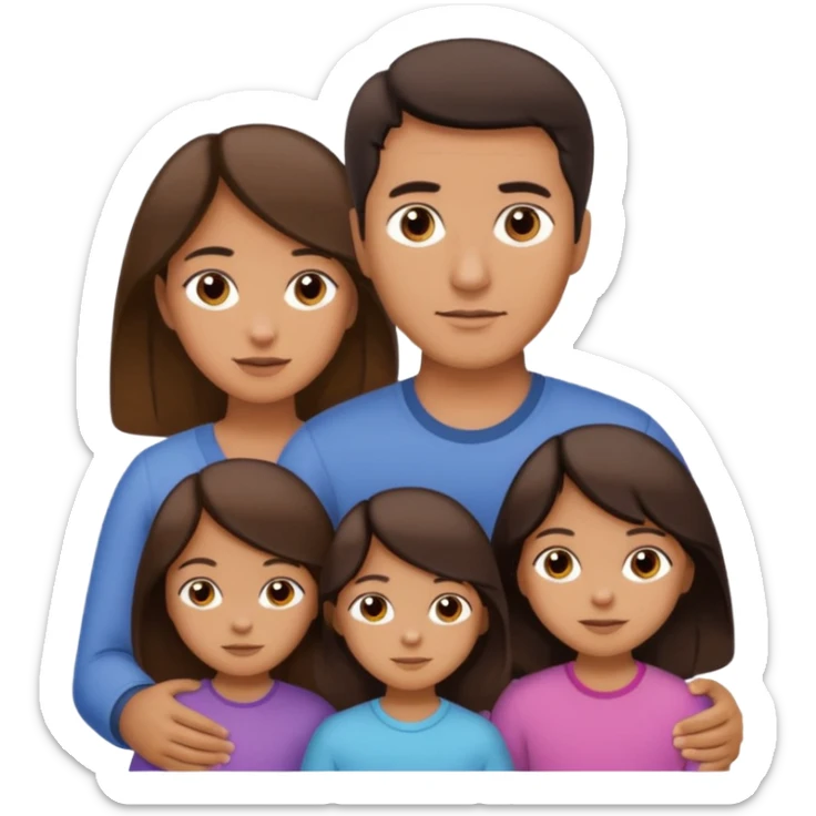 Family portrait with father with dark brown hair and black eyes, mother with light brown hair and brown eyes, three brown little girls with brown eyes sticker