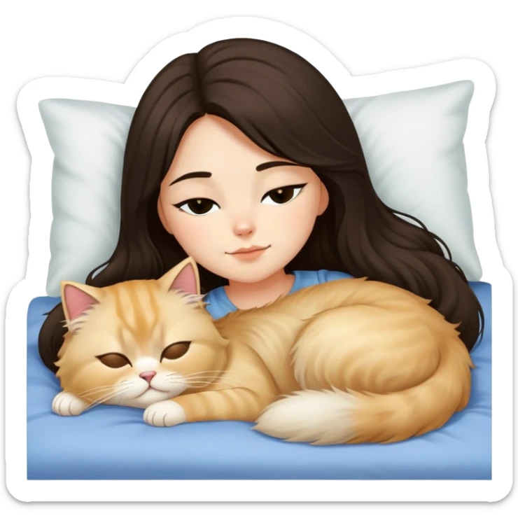 pretty girl with dark long hair sleeping with blonde fluffy  persian cat in bed sticker