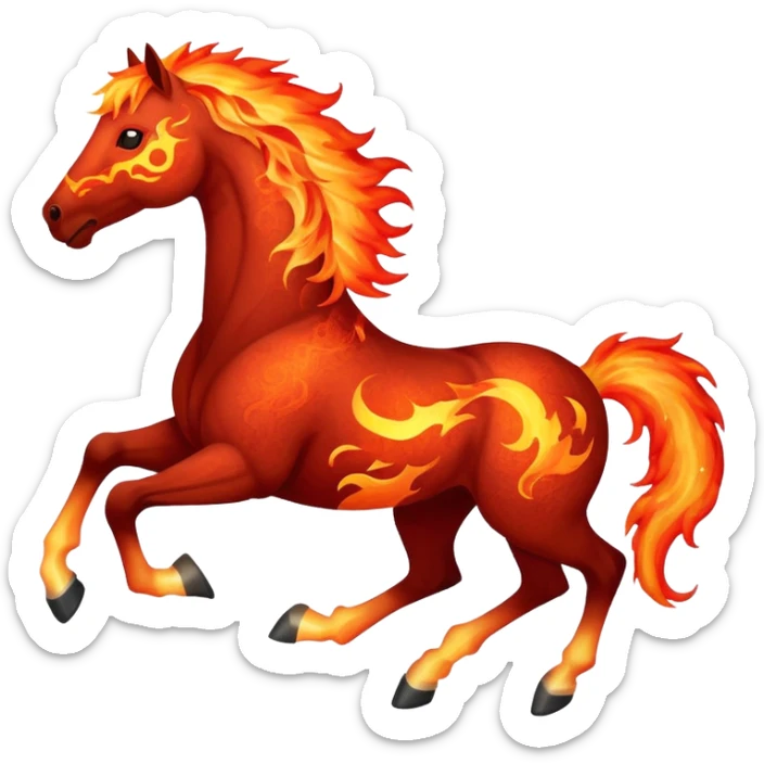 Red fast fire horse made of embers, magma, visible lava, burning, with ash particles surrounding it. Horse galloping with a fiery mane and tail. sticker
