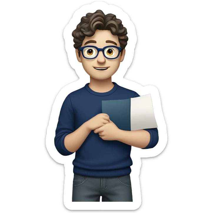 caucasian white boy with dark wavy  hair, blue glasses, and carrying design paper plan because he is an architect carrying a pencil and a set model maquette. wearing a navy blue long sleeve sweater shirt. smart.  sticker