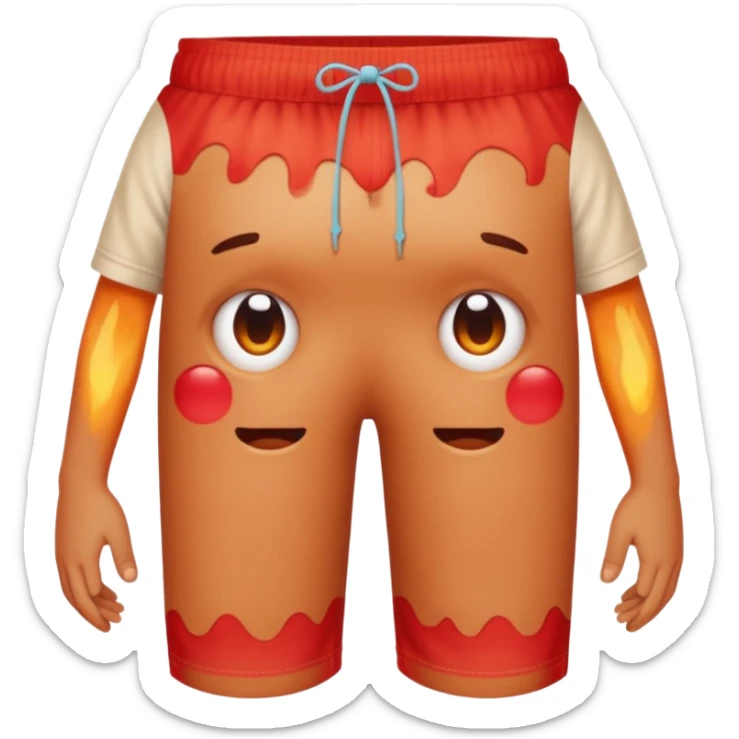 Emoji-style person in beach shorts, skin visibly sunburned and red on arms, legs, and face Expression shows mild pain or discomfort, cute rounded emoji desig sticker
