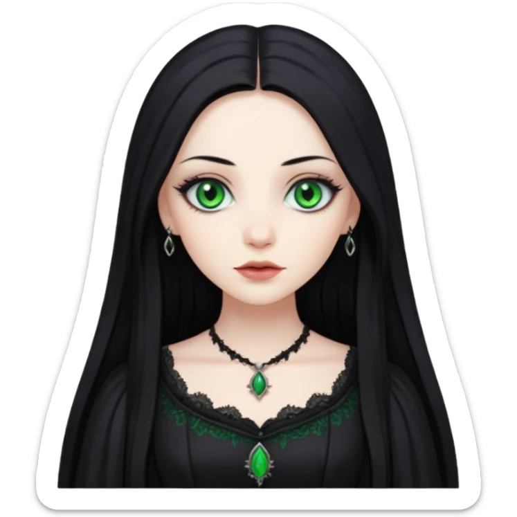 long black hair, green eyes, pale skin, a Gothic dress sticker