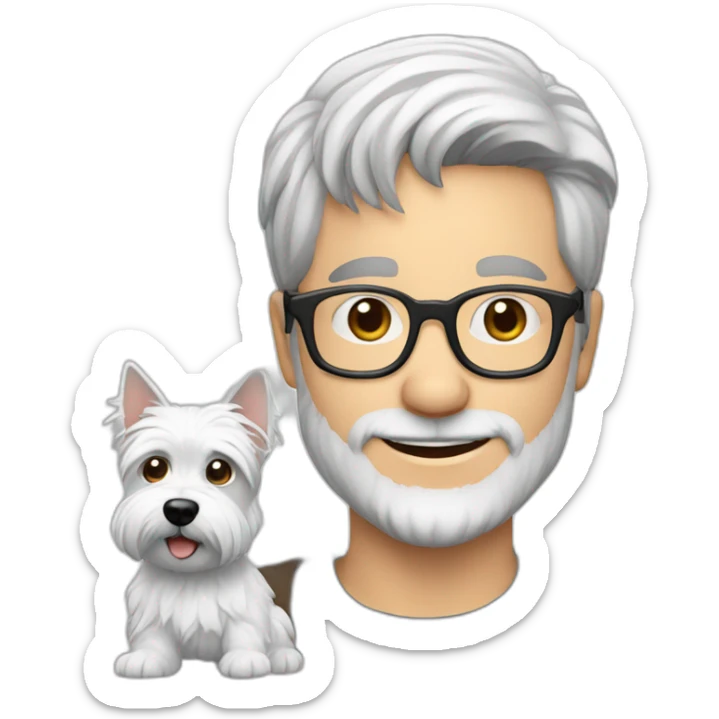 Gray hair man with glasses anda with westie dog girl sticker