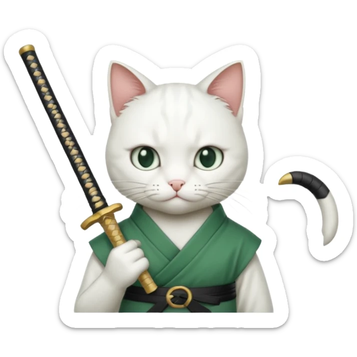 un gato blanco con reeferencia a roroa zoro "una espada en cada mano y una en la boca sticker