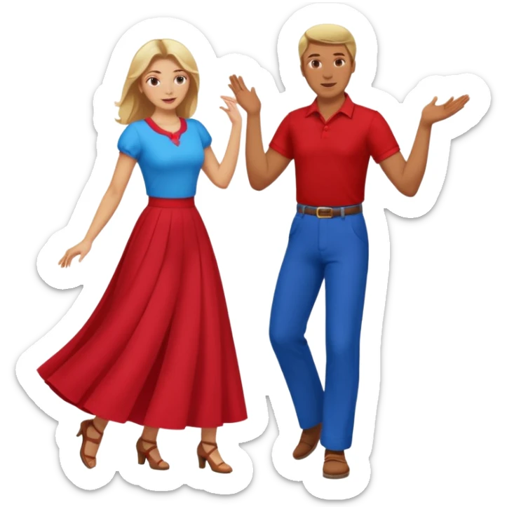 Two people dancing. Man in red shirt and  red pants with brown hair. Women in blue shirt and long skirt with blond hair. Dancing. sticker