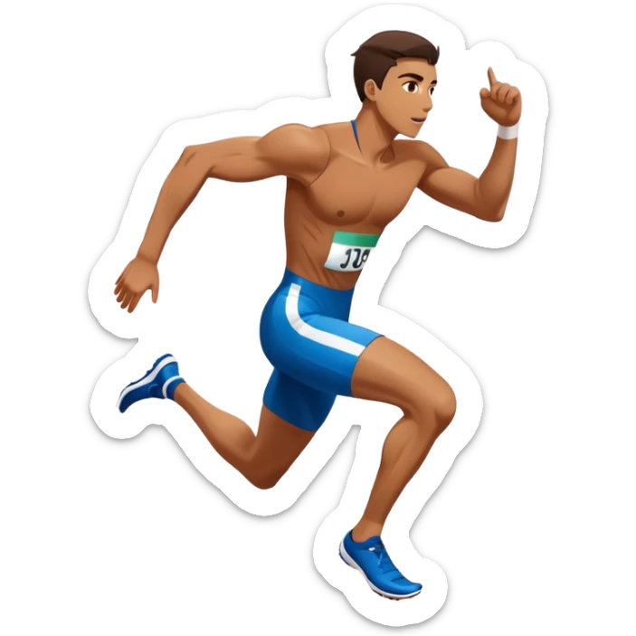 An icon symbolizing The background with track of a large stadium with cheering crowds, a digital timer, and a clear blue sky. professional running: a dynamic sprinting athlete in motion on a track, leaving motion lines behind. Transparent background emphasizes speed, endurance, and competition.  sticker