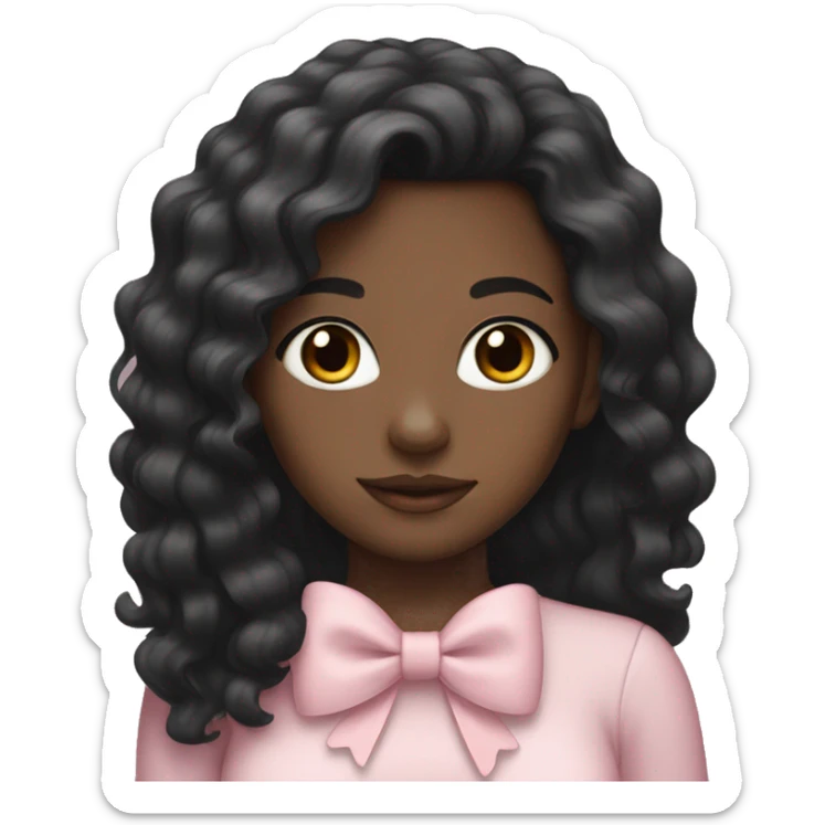 Black girl with long wavy black hair wearing a pale pink bow sticker