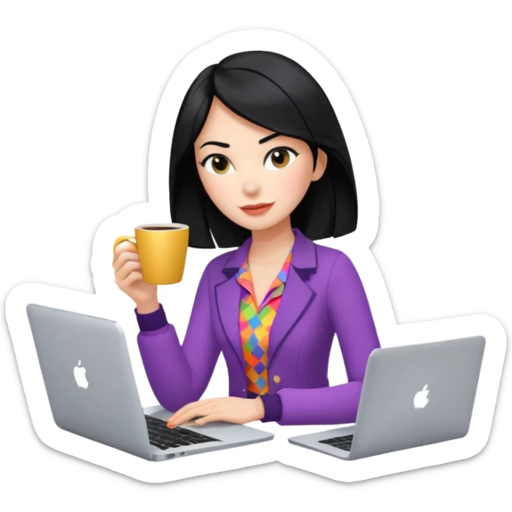  woman character with laptop and coffee in Paris, dollars coming out from the screen floating, colorful chic outfit, white laptop, Pixar style, black hair, fair skin,  sticker