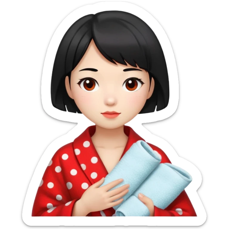 girl with black bob-cut hair, black and red dotted coat, Chinese appearance, holding a towel, looking like a masseuse sticker