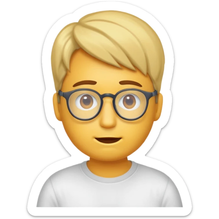Erstell mir ein emoji von einer gut aussehenden Person. Diese sollte Männlich, ohne Bart mit Brille, guter Frisur und jung sein. Er soll sehr intelligent wirken, noch dazu sollte man sein T-shirt oder Hoodie sehen. sticker