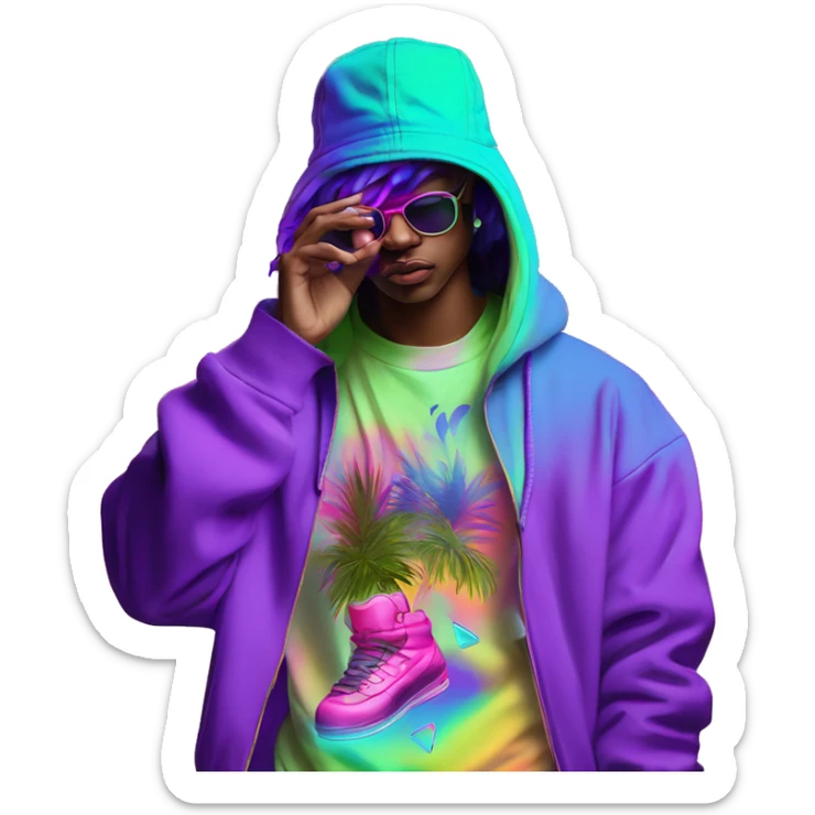 Multicoloured neon person smoking wearing hoodie dancing hip hop bucket hat tropical Skater fashion aesthetic baggy clothes graphic t shirt 420 sticker