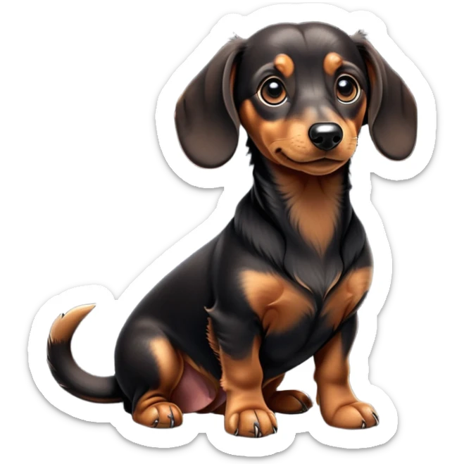 cinematic-[dachshund dog]-realistic-full-body-sitting-emoji,-tail-resting-loosely-beside-its-paws,-head-tilted-dramatically,-sleek-[black and tan]-fur,-simplified-yet-realistic-focused-features,-highly-detailed,-glowing-with-an-almost-sarcastic-glow sticker