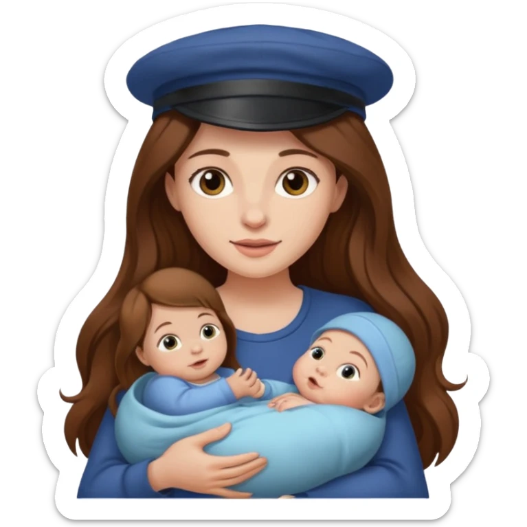"Woman with long brown hair and fair skin holding a baby with a cap and fair skin." sticker