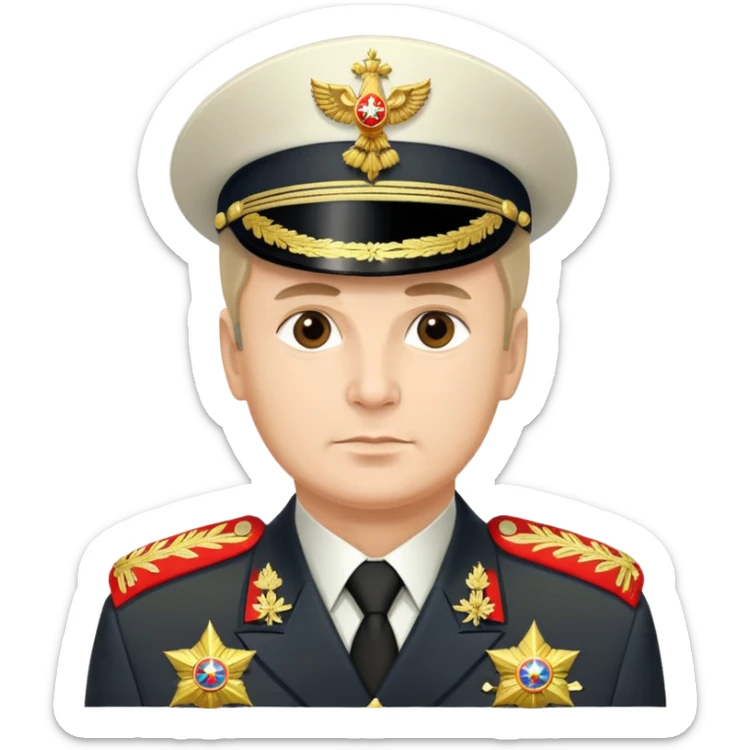Russian military general in formal uniform with medals, epaulettes, and military hat sticker