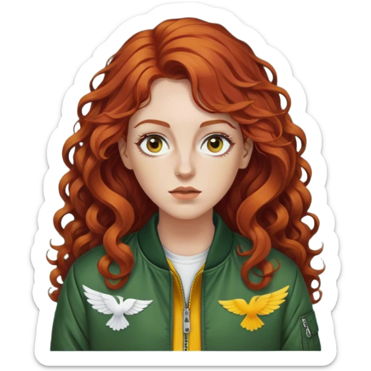 white female with long curly red brown hair, white pieces of hair at the top and in the front that frame her face, thinner eyes with a small wing eyeliner, wearing a dark green bomber jacket with a yellow long sleeve underneath  sticker