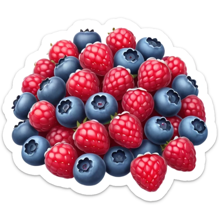 small mix of whole frozen berries including raspberries, strawberries, blueberries, redcurrants, coated with a light frost layer, slightly muted colors and icy sparkle, loosely clustered or lightly scattered, no bag, bowl, or garnish, just the fruits, soft lighting, subtle shadows, emoji scale sticker