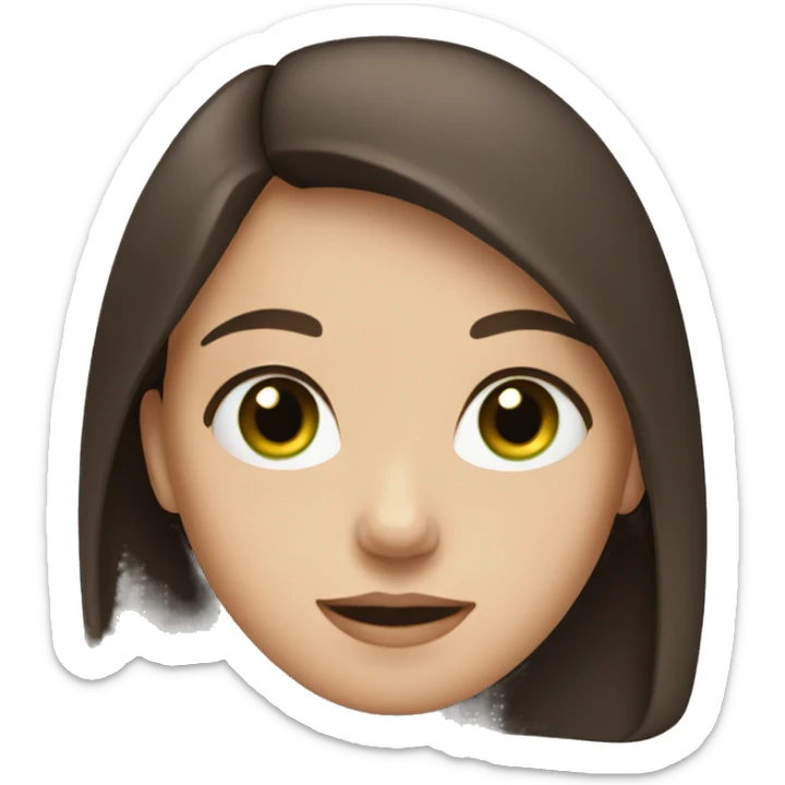 girl with fair skin and brown hair, green-blue eyes, and a black jacket sticker