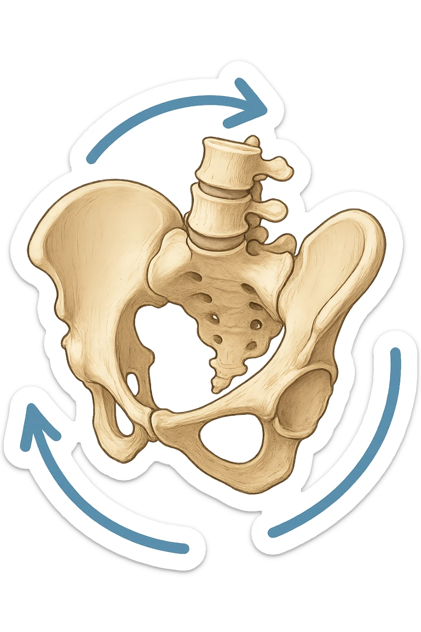 Bacino anatomico ruotato in senso orario con le frecce per far capire sticker