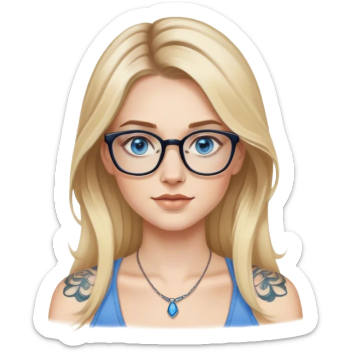 Hyper Realistic glamourous model, pale woman, long blonde balayage hair, blue eyes and glasses, shoulder tattoo  sticker