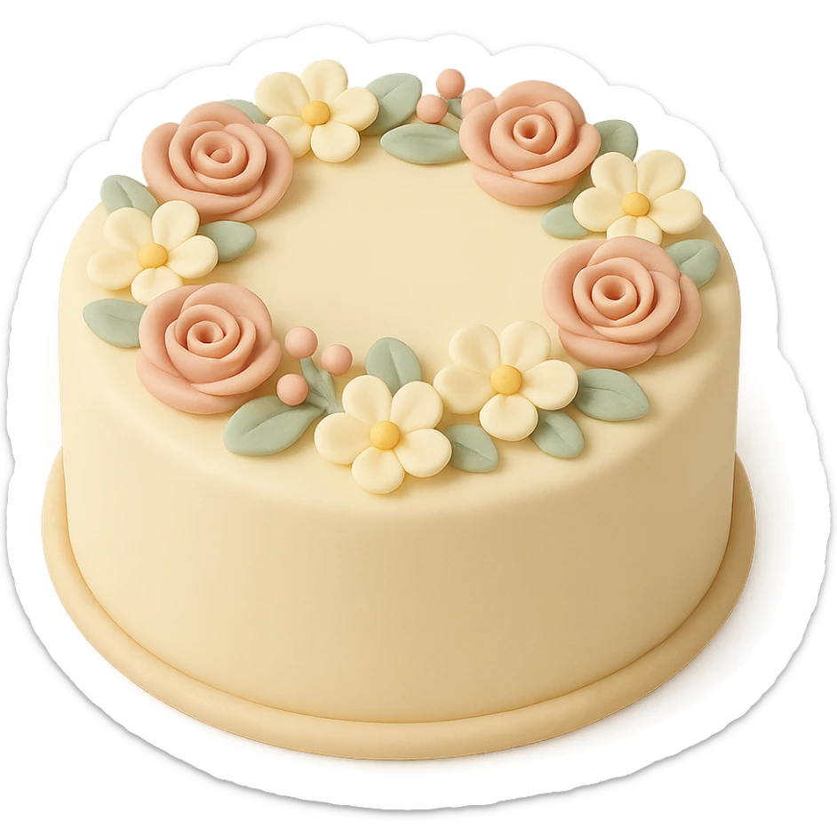 round fondant cake with floral wreath sticker