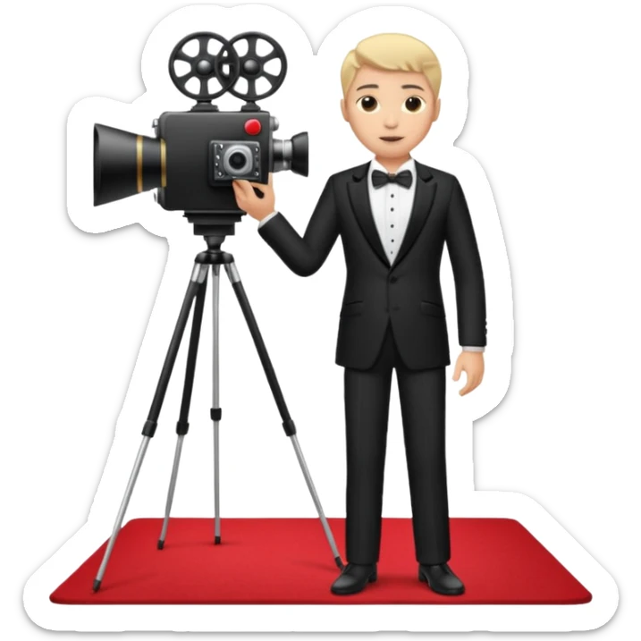 an actor standing on a red carpet with a formal tuxedo, with only one movie camera on a tripod next to him. sticker