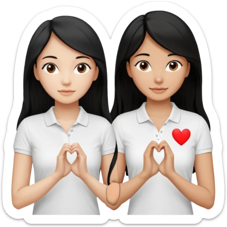 Dos mujeres juntas que una sea de color trigueña y de color blanca, cabello largo negro sea la de piel blanca y la de piel trigueña cabello castaño raya en medio, tengan polo blanco y que hagan un corazon una con la mano izquierda y chica con la mano derecha sticker