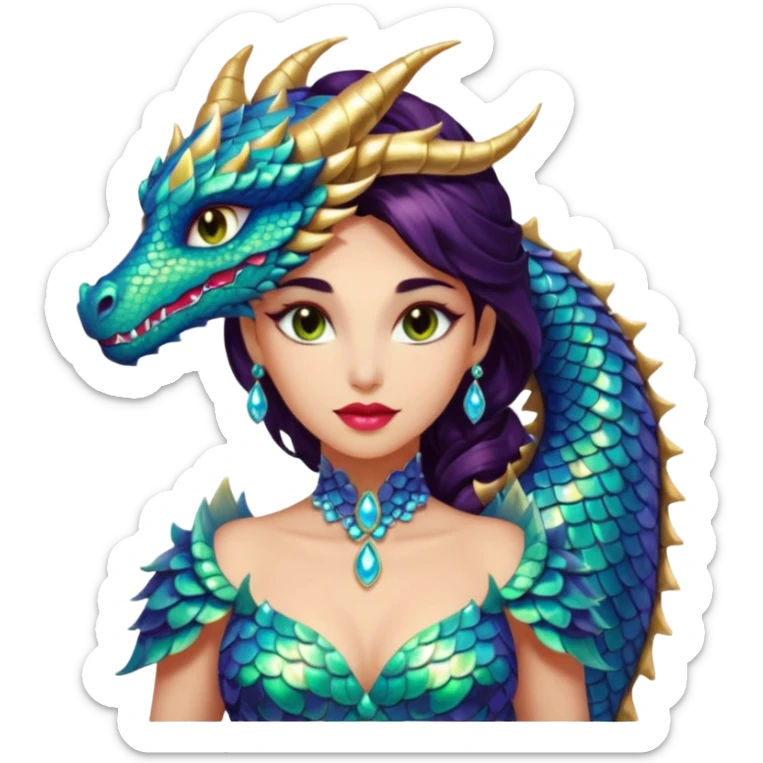 Am amazing blend of a half dragon woman with glittering jeweled scales covering her body. She has large almond shaped eyes, lush lips, and she wears a stunning luminescent gown. sticker