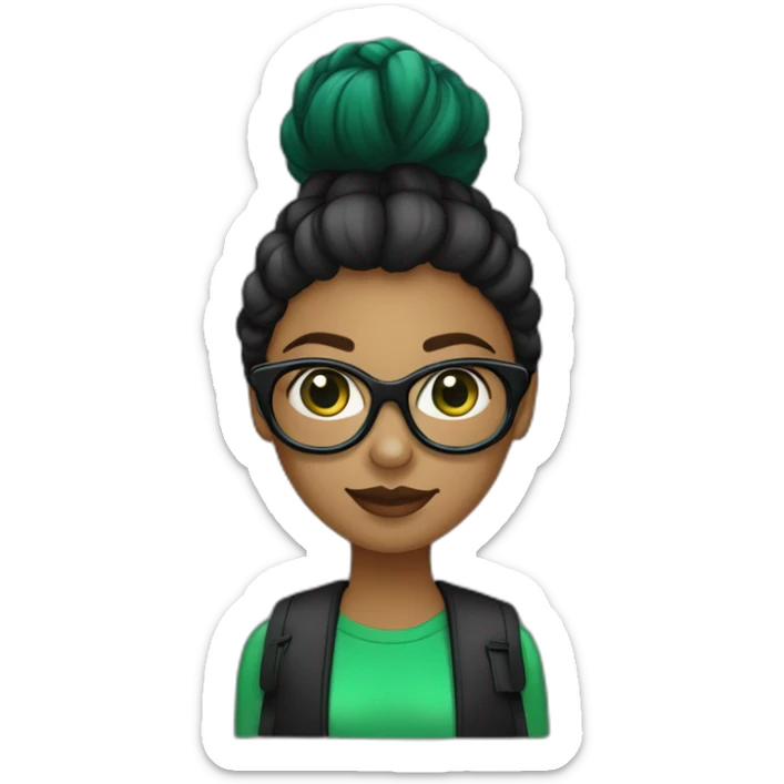 une fille avec de long cheveux noir lisse , des yeux vert , et avec des lunette (en forme de carrer un peu déformé) assez grosse comparer a ça tête , portant un pull noir sticker