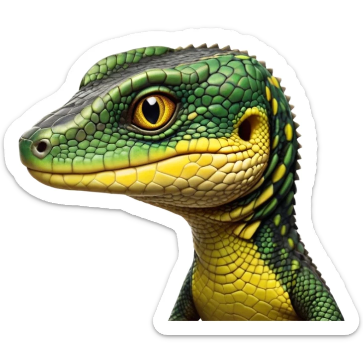 cinematic-realistic-cute-monitor-lizard-portrait-emoji,-head-tilted-playfully-and-inquisitively,-featuring-a-compact,-agile-body-with-finely-detailed,-glossy-scales-in-earthy-black and yellow-hues-and-a-distinct,-alert-face-with-bright,-curious-eyes, black , yellow spotted and green band  scales and a slender neck sticker