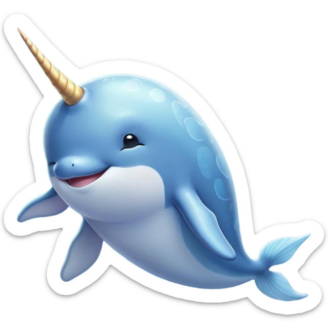 Beautiful and Majestic Cute Narwhal Portrait Emoji, Head and body rendered in serene repose with a gentle, radiant smile, showcasing a streamlined, graceful form adorned with a luminous spiraled tusk and peacefully closed eyes, Simplified yet exquisitely endearing features, highly detailed, glowing with a soft, majestic ocean light, high shine, serene and utterly enchanting, stylized with an air of magical marine splendor, soft glowing outline, capturing the essence of a beautiful and majestic cute narwhal that embodies the quiet wonder of the deep blue! sticker