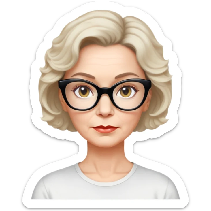 white woman about 50 years old with light warm skin, wavy black neck-length 80s short hair, neutral determined expression, large black shiny butterfly or cat-eye glasses, white casual t-shirt sticker