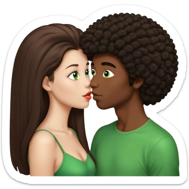 girl with long brown straight hair and green eyes kissing dark boy with afro and big nose sticker