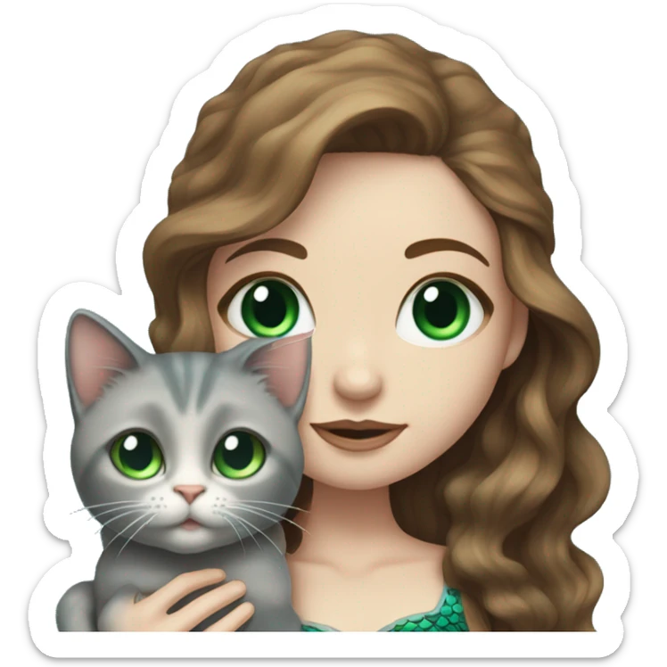 Mermaid with pale skin, wavy brown hair, and bright blue eyes holding a small gray cat with big green eyes, detailed  sticker
