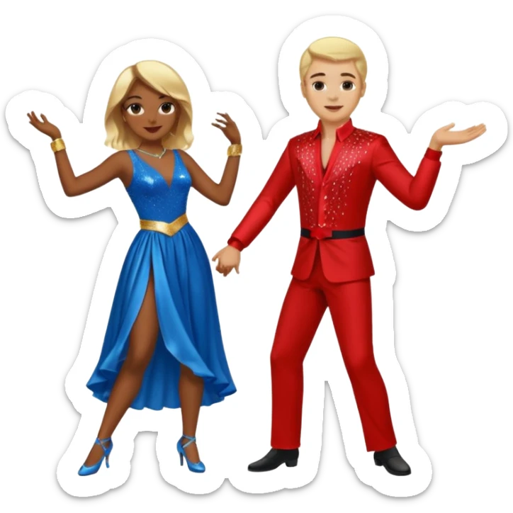 Two people dancing. A man wearing red with light skin and blonde hair. A women wearing bue with dark skin and brown hair. sticker