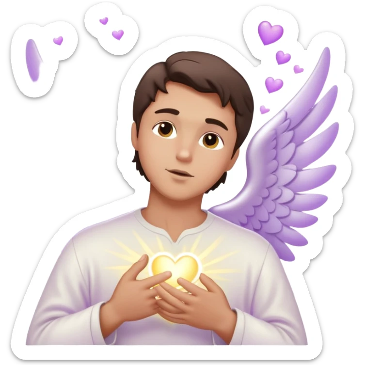 White brunette man standing with rays of light Hearts kissing pastel purple angel sticker