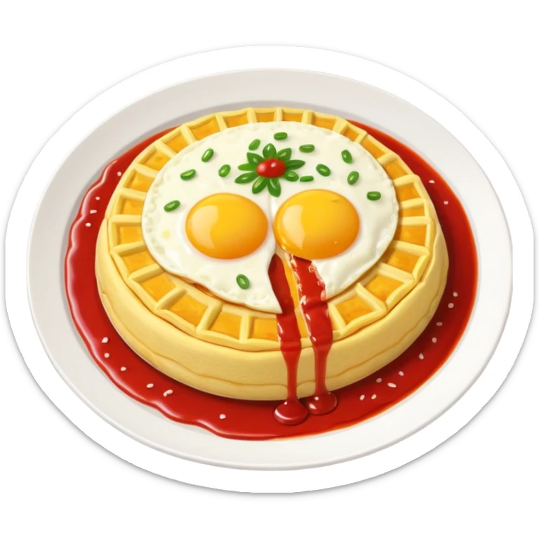Tasty omurice dish on a big plate garnished with a wobbly line of ketchup on top sticker