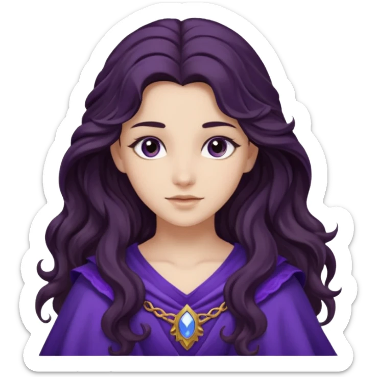Libera from Olympus Gods with long dark brown wavy hair, dark purple stola sticker