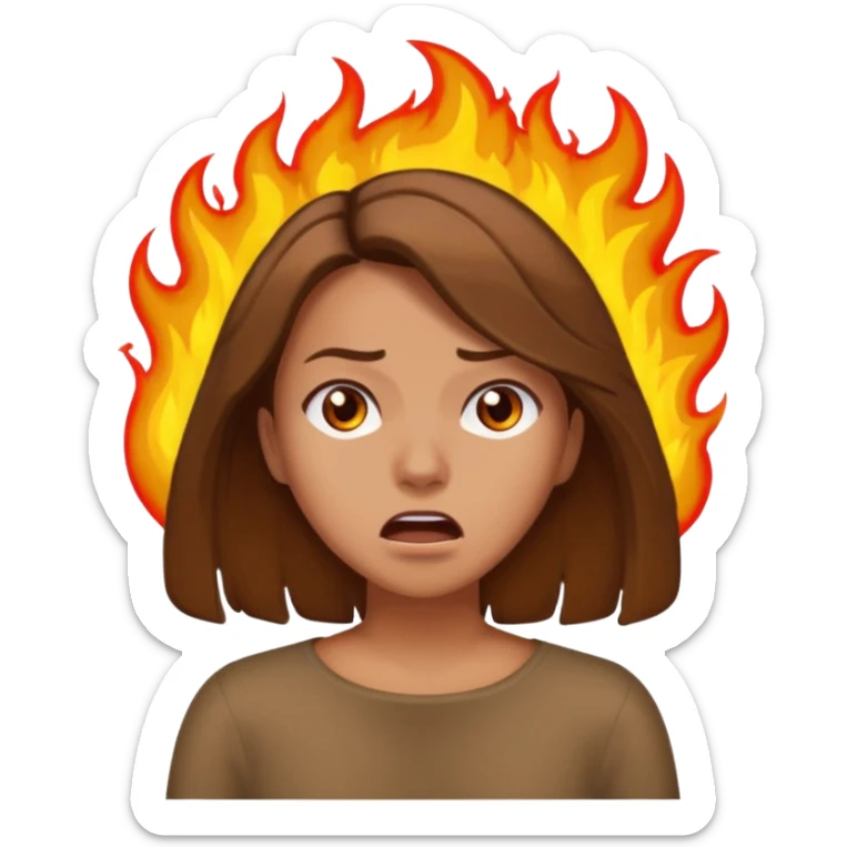 Woman with hair on fire looking stressed and panicked with brown shoulder length hair sticker