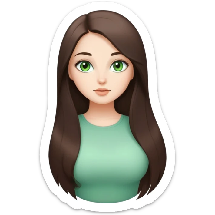 Curvy but beautiful brunette girl, very light green eyes, pin straight super long hair, modern style sticker