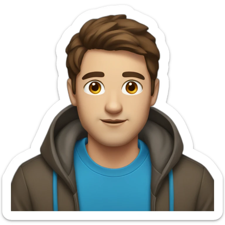 guy with short brown hair, big brown eyes and eyebrows and blu hoodie portrait sticker