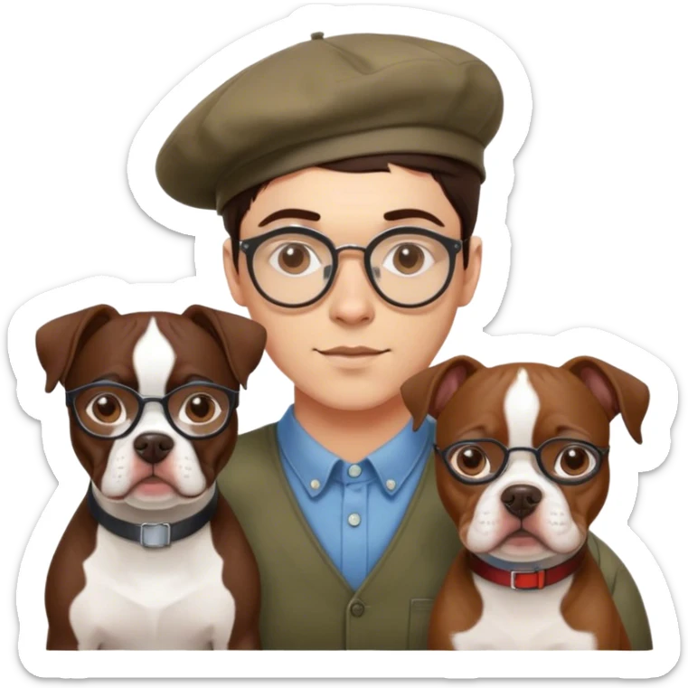 brunette hipster man w wire glasses and (brunette girl with bob and beret) and a brown pitbull boston terrier  sticker