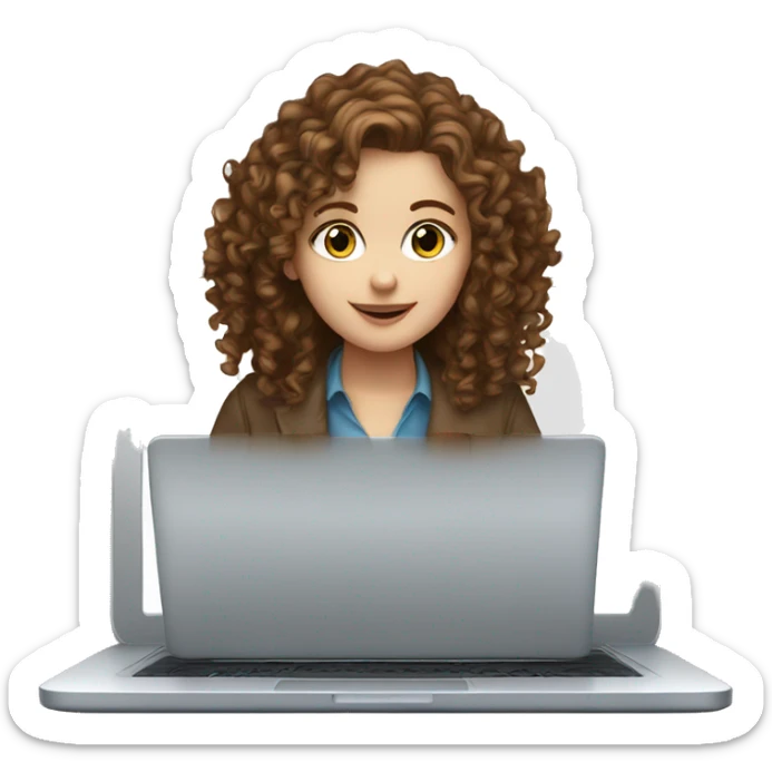 A white girl with brown, curly hair and blue eyes is working on a laptop sticker