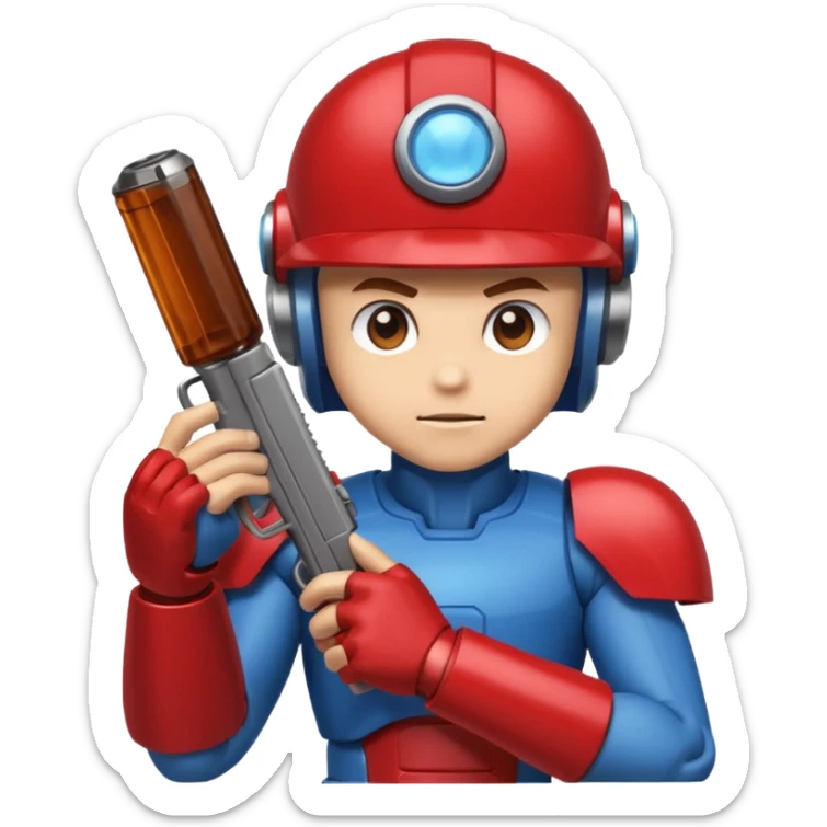 mega man but with the color rootbeer brown shiny like metal with arms for guns and a dark shiney red healmet sticker